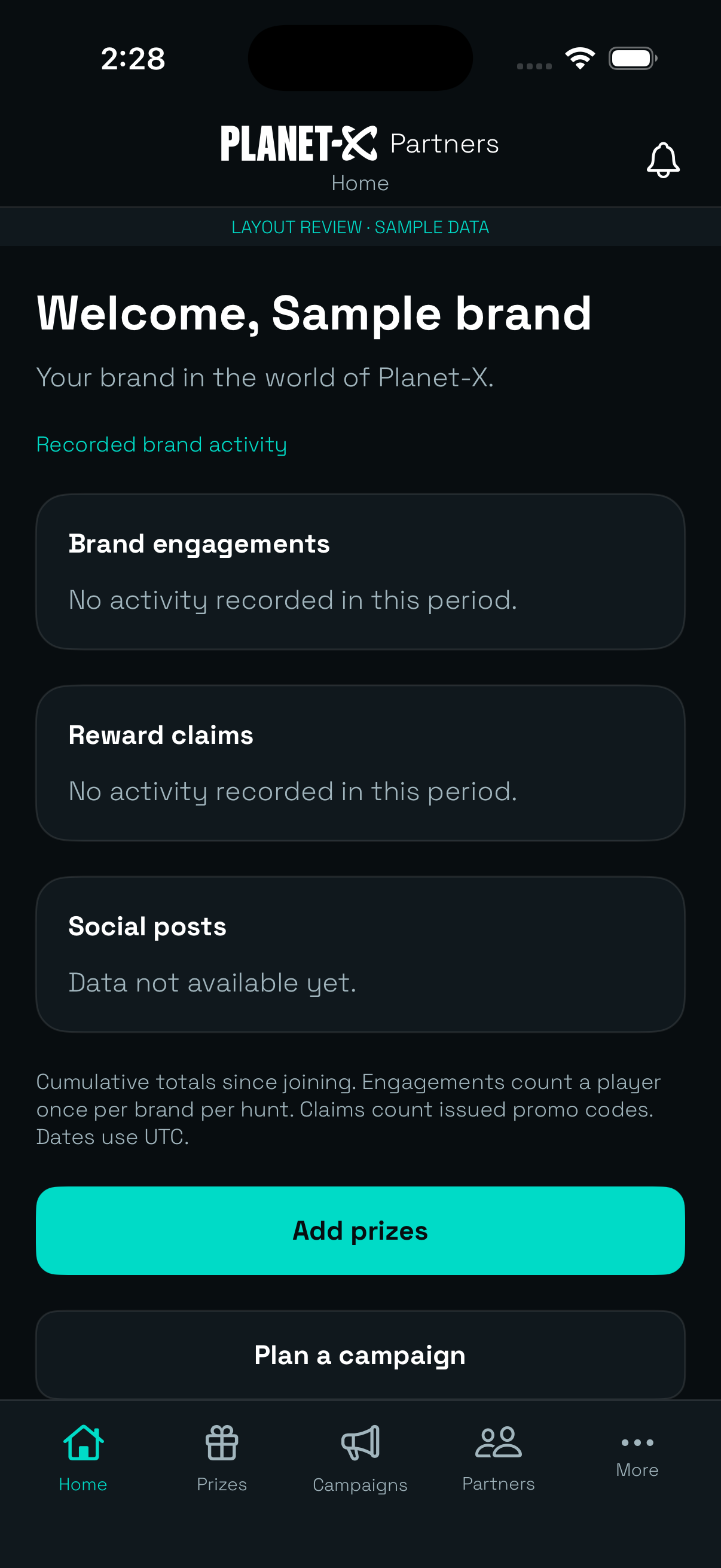 Planet X Partners brand engagement dashboard preview