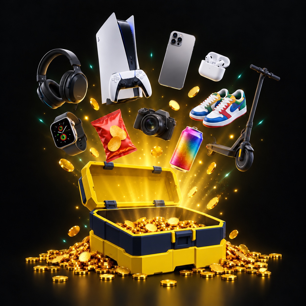 An open yellow Planet-X chest bursting with a console, phone, sneakers, headphones, smartwatch, camera, earbuds, scooter, snacks and a drink