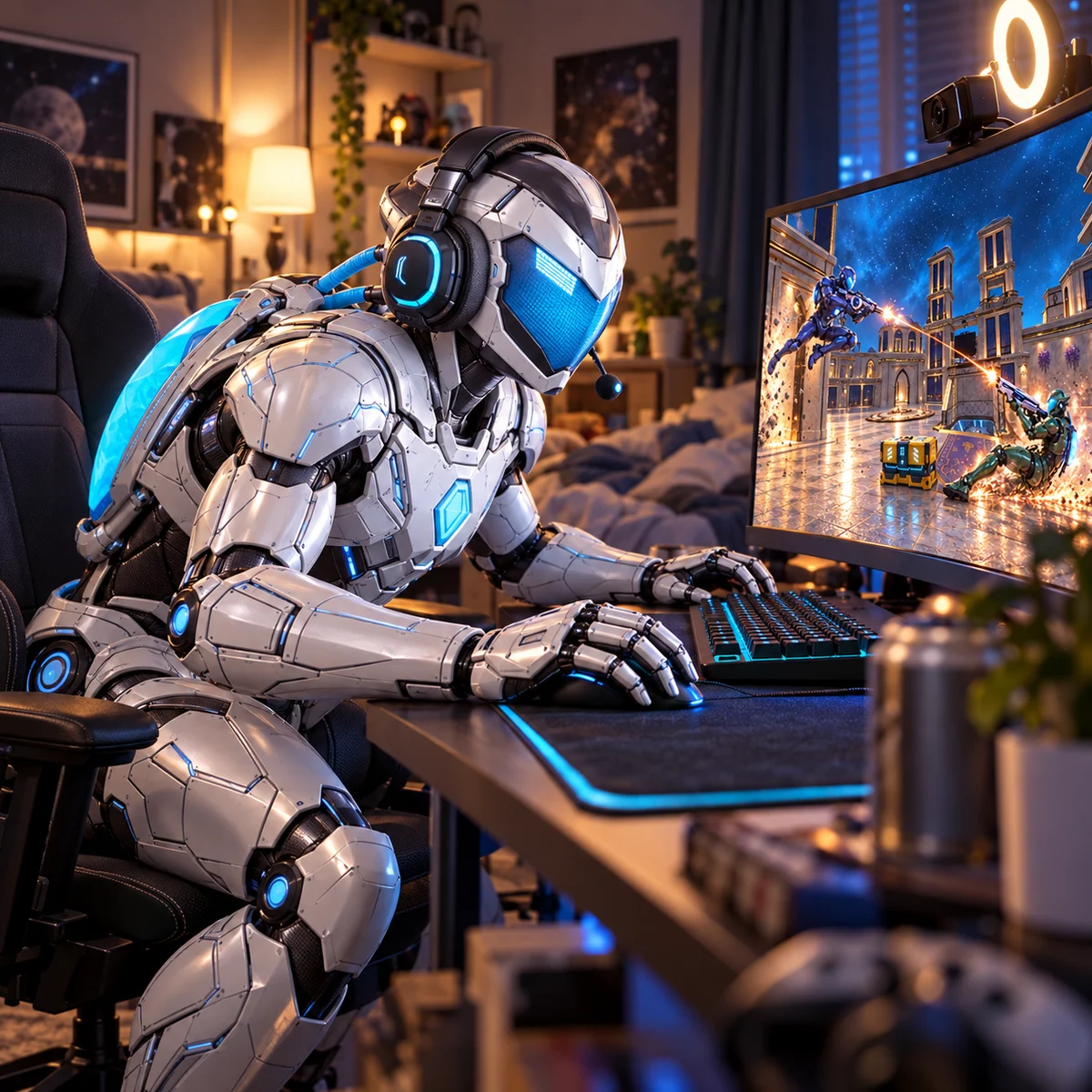 A white Planet-X droid wearing a gaming headset and creating content at a computer